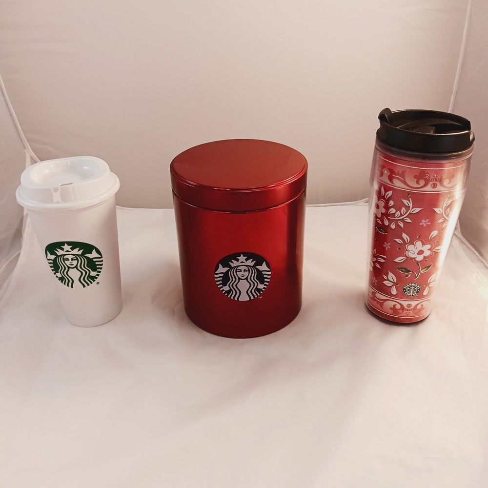 Starbucks Red Metallic Canister Kitchen Coffee Tea Can Lid 6"‎ x 5" & Cup & Mug